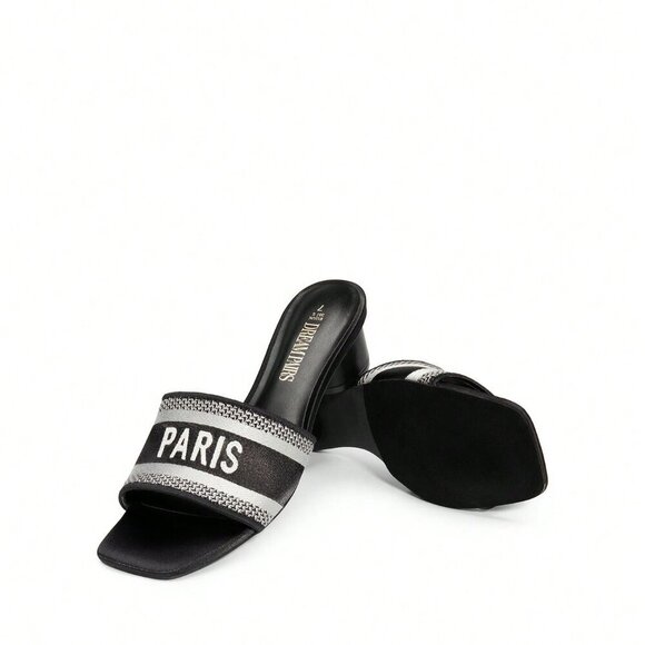 Black Glamorous Women's Glittery Chunky Heeled Square Toe Mule Sandals - Picture 3 of 7